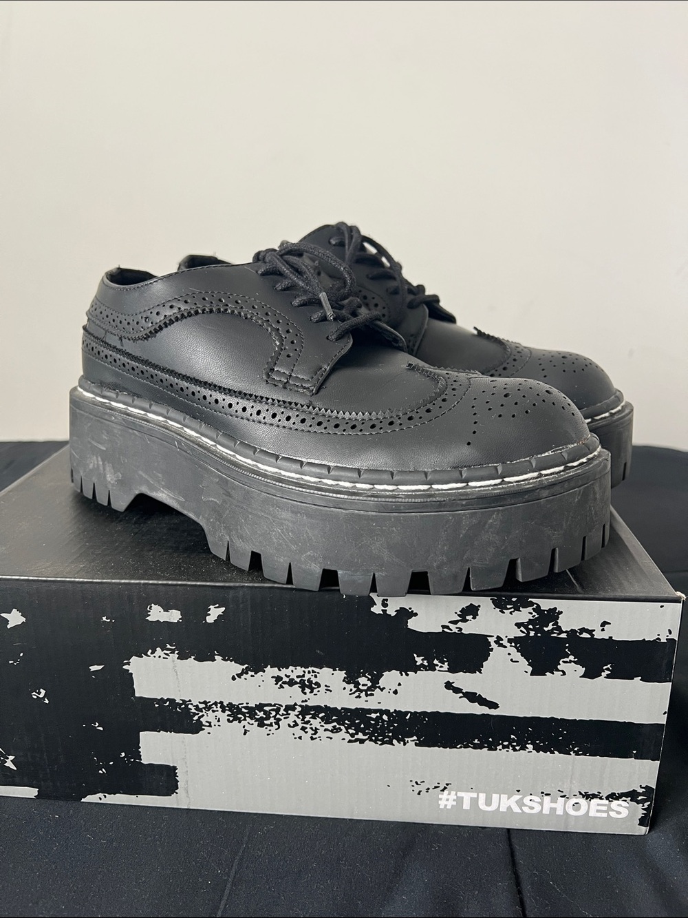 tuk Black Chunky Brogue Derby Shoes